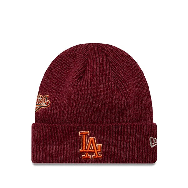 New Era LA Dodgers World Series Patch Dark Red Cuff Knit Beanie Hat